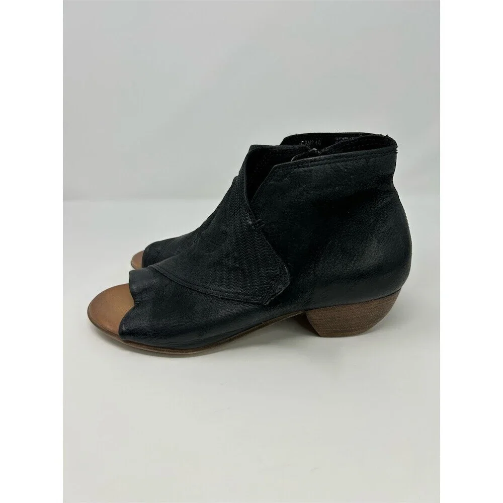 Miz Mooz Camp Ankle Booties Womens Black Peep Toe Side Zip Low Block Heel 40